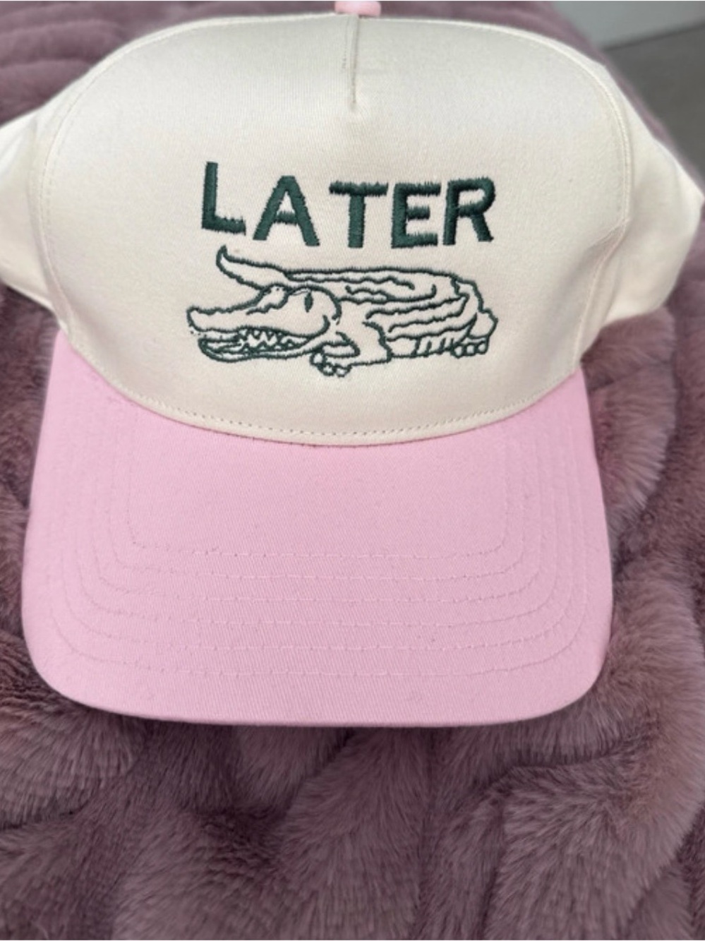 LATER Embroidered Crocodile Baseball Cap - Cream and Pink